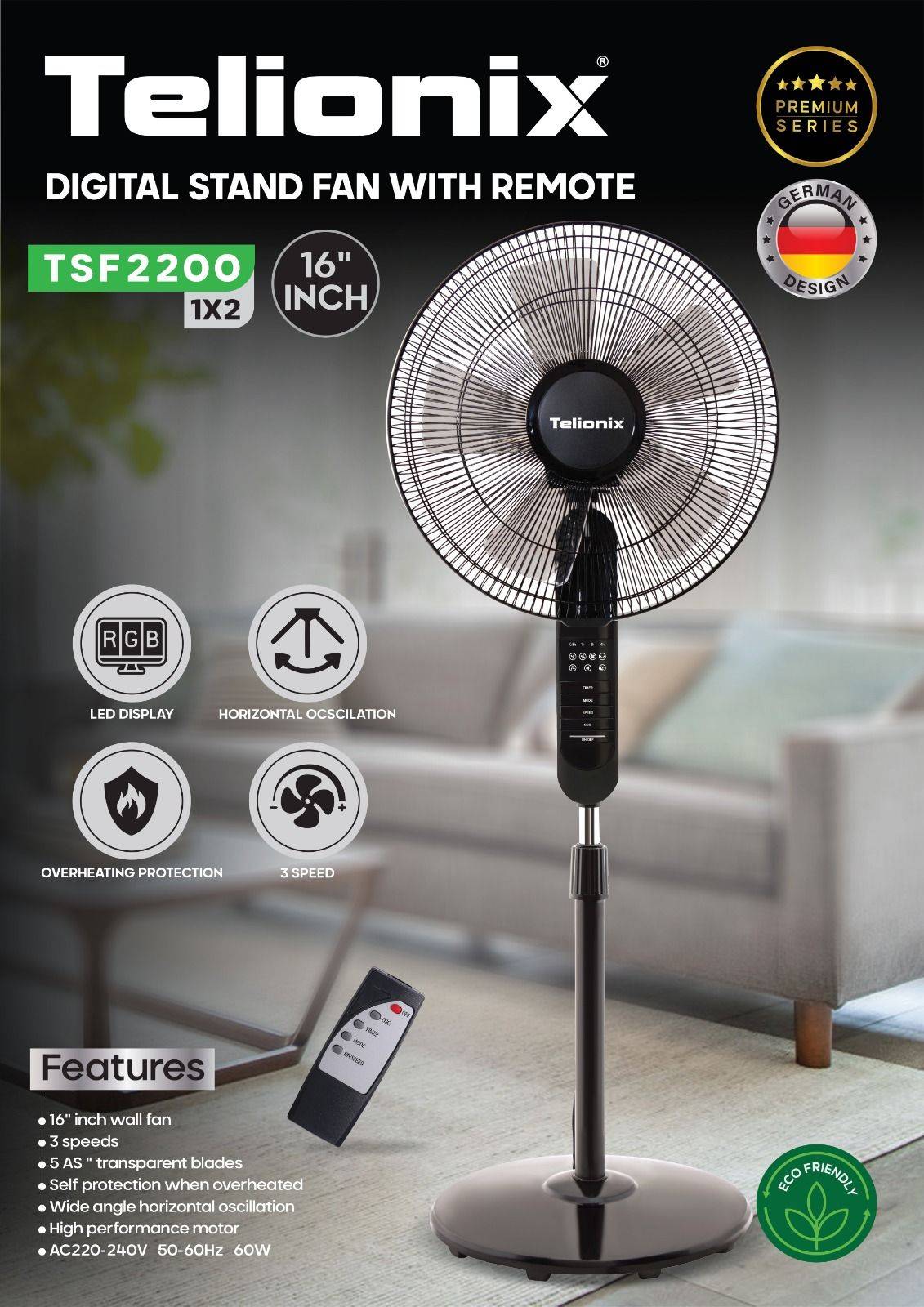 پنکه ایستاده دیجیتال تلیونیکس Telionix مدل TSF2200 اورجینال